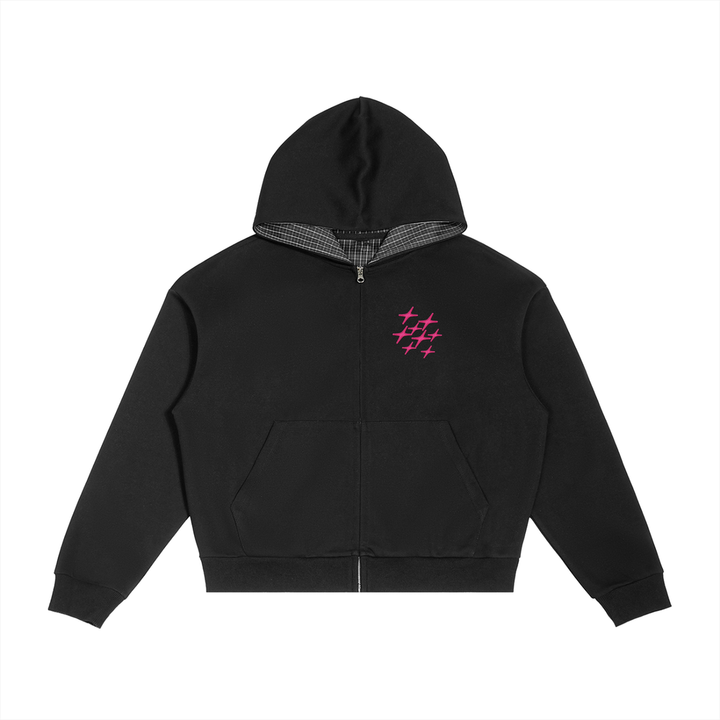 Contrast Plaid Boxy Zip Hoodie